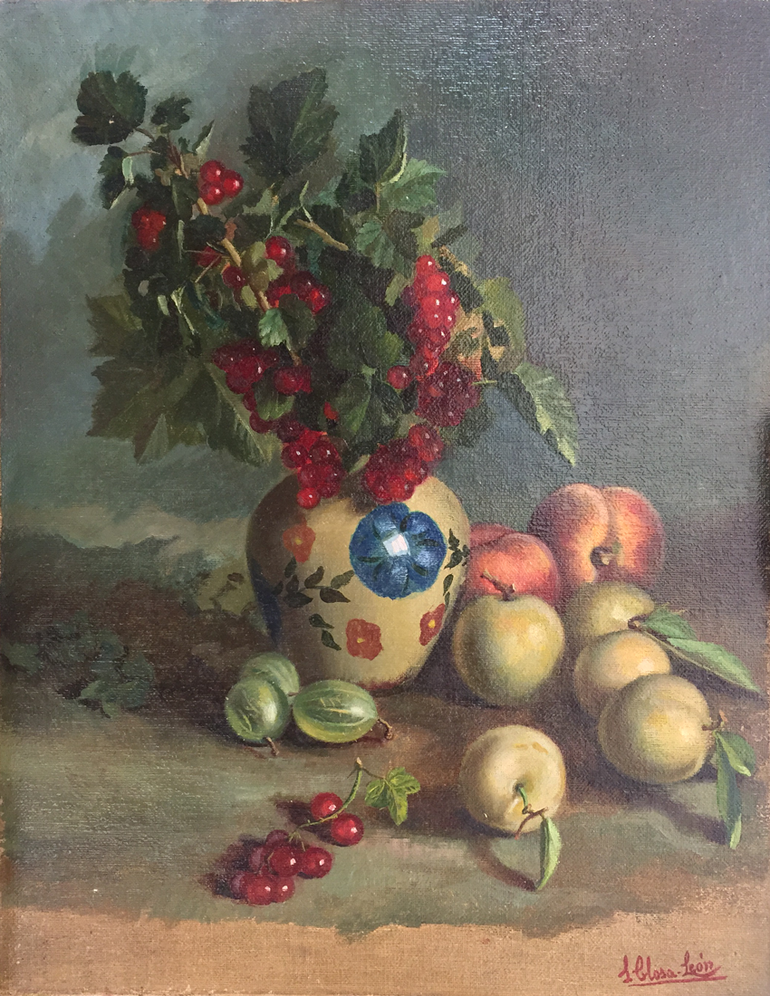 Grosellas rojas, uvas espinas, melocotones y ciruelas